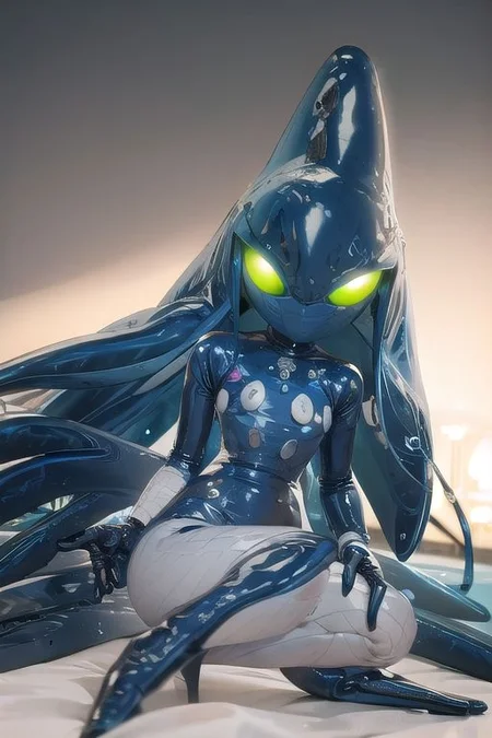 Tall, High quality, nonblurry, female focus, Ultra HD, HDR, 4K, hyperdetailed, smooth lighting, solo, (fully clothed, masterpiece, epic lighting, good shading, studio quality), (Chaos, blue water body, lime eyes, no pupils, pink brain, transparent), ((epic lighting)), best_quality, perfect, cinematic lighting, highest quality, intricate details, hdr, cinematic, intense,