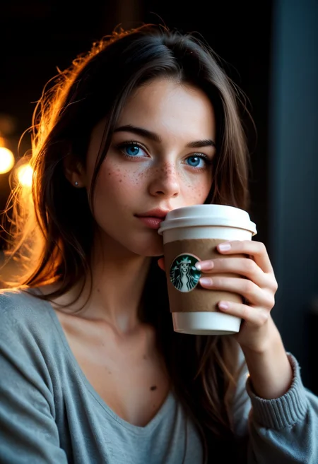 masterpiece, best quality, highres, realistic, best quality,)) 
score_9, score_8_up, score_7_up, pink 
solo, 1 girl, 35 years old. A brunette woman with freckles and blue eyes holds a coffee cup in her hand. her look is relaxed.
BREAK,
focus on coffe cup, face visible, dark background, cinematic lighting, shallow depth of field, photographed on a Sony a9 II, 50mm wide angle lens, sharp focus, photo in phst artstyle