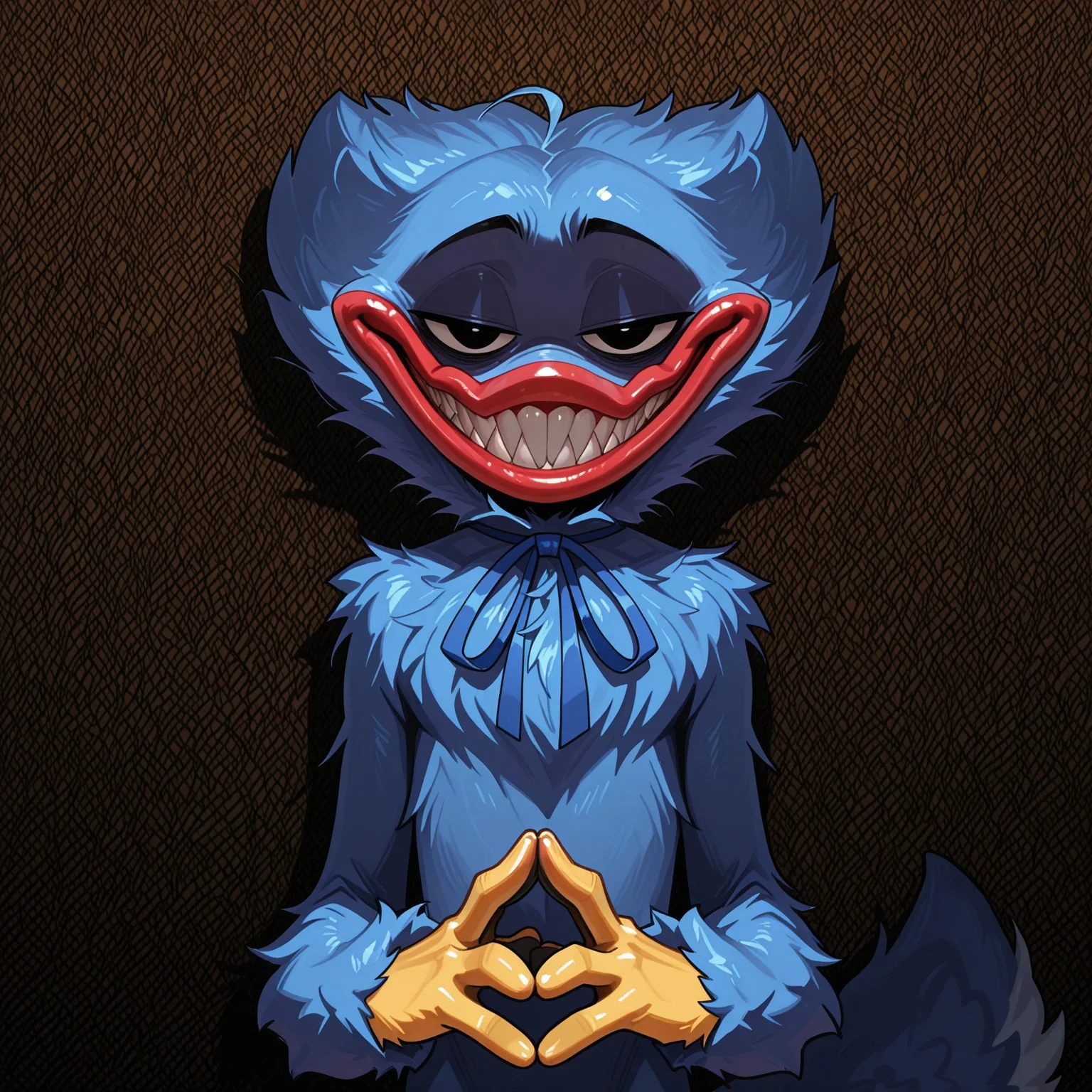 masterpiece, amazing quality, ultra-detailed, no humans, male focus, solo, huggy_wuggy, blue fur, yellow hands, pawpads, neck ribbon, blue ribbon, black eyes, sharp teeth smile, grin, evil grin, smirk, half-closed eyes, narrowed eyes, shiny eyelids, steepled fingers, own hands together, looking at viewer, upper body, body fur, fluffy body fur, extra fluffy, lanky, skinny, deer tail, blue tail, straight-on, red lips, chest tuft, shoulder tuft, raised eyebrows, shaded face,
BREAK
patterned background, shadow, perfect lighting, score_9, score_8_up, score_7_up, score_6_up