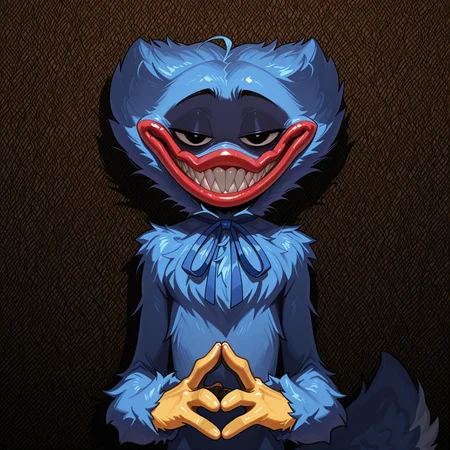 masterpiece, amazing quality, ultra-detailed, no humans, male focus, solo, huggy_wuggy, blue fur, yellow hands, pawpads, neck ribbon, blue ribbon, black eyes, sharp teeth smile, grin, evil grin, smirk, half-closed eyes, narrowed eyes, shiny eyelids, steepled fingers, own hands together, looking at viewer, upper body, body fur, fluffy body fur, extra fluffy, lanky, skinny, deer tail, blue tail, straight-on, red lips, chest tuft, shoulder tuft, raised eyebrows, shaded face, 
BREAK 
patterned background, shadow, perfect lighting, score_9, score_8_up, score_7_up, score_6_up