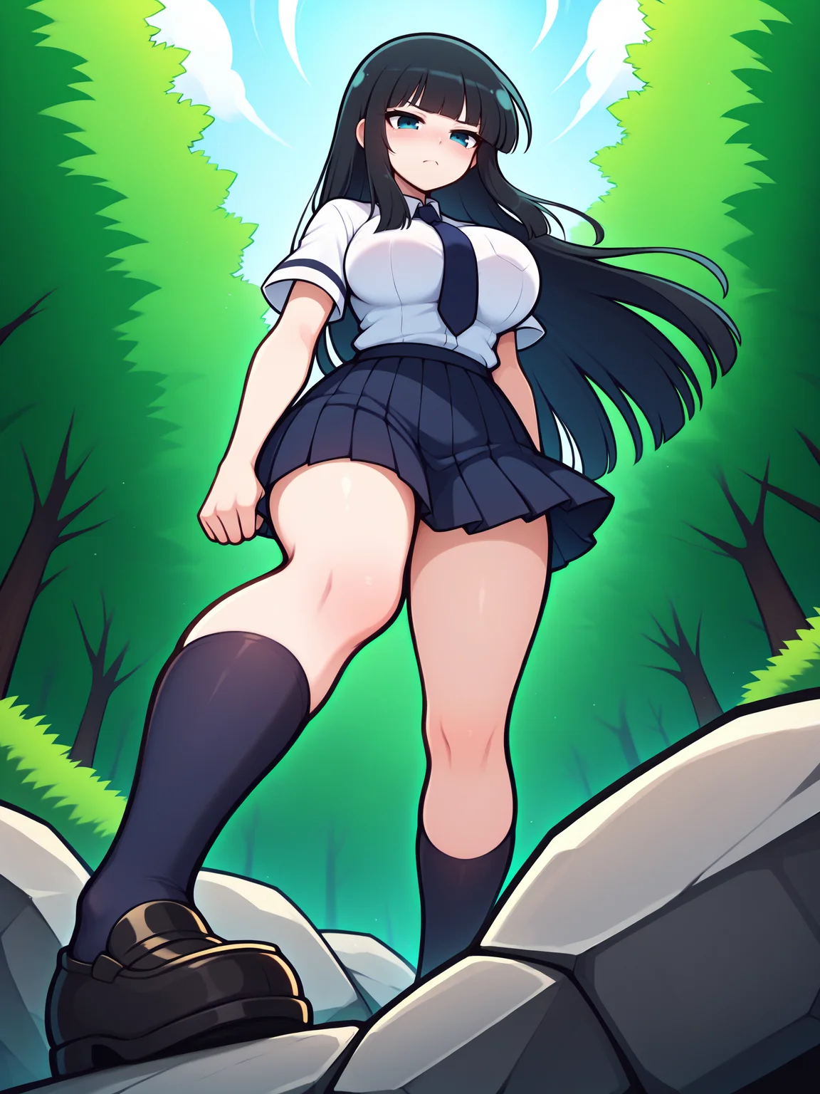masterpiece, best quality, amazing quality, by asukaln
(solo:1.4), Ikaruga_IL, long black hair, blunt bangs, hime cut, dark blue eyes, large breasts, Ikaruga_School, school uniform, blue necktie, white buttoned shirt, pleated skirt, dark blue kneehighs, black loafers
stepping on stone, giant stone, from below, low angle, dutch angle
<lora:Mystyle_SDXL_LoCon_DORA_v2:1>
<lora:SK_Ikaruga_IL:0.8>