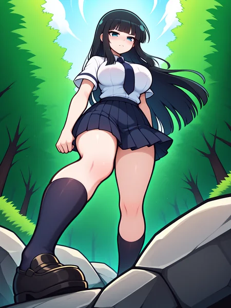 masterpiece, best quality, amazing quality, by asukaln
(solo:1.4), Ikaruga_IL, long black hair, blunt bangs, hime cut, dark blue eyes, large breasts, Ikaruga_School, school uniform, blue necktie, white buttoned shirt, pleated skirt, dark blue kneehighs, black loafers
stepping on stone, giant stone, from below, low angle, dutch angle
<lora:Mystyle_SDXL_LoCon_DORA_v2:1>
<lora:SK_Ikaruga_IL:0.8>