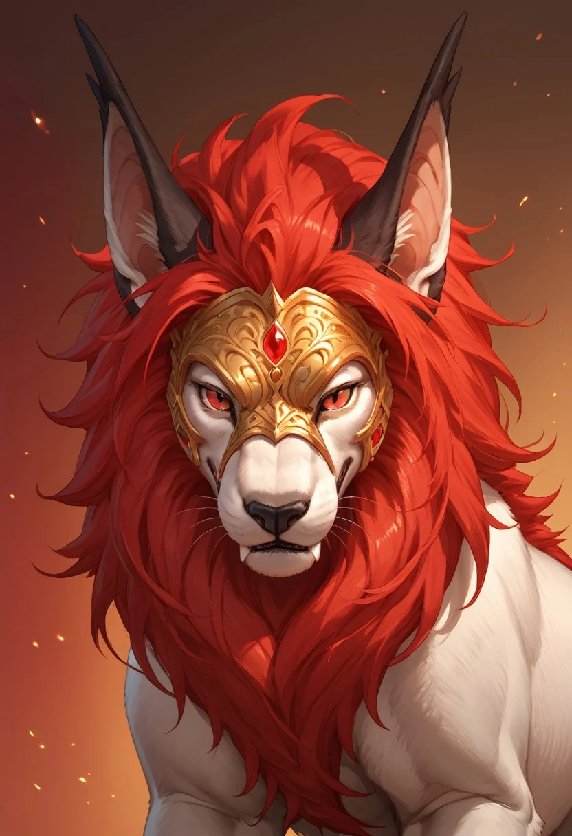 solo, score_9,score_8_up,score_7_up, solo, ((feral)), close up, ((female)), seductive, badass, rosard, furry dragon, white body, white lion head, wings, golden mask on face, red eyes, black nose, black bridge of nose, ((bat black ears)), (((long ears))), ((red mane)), detailed background