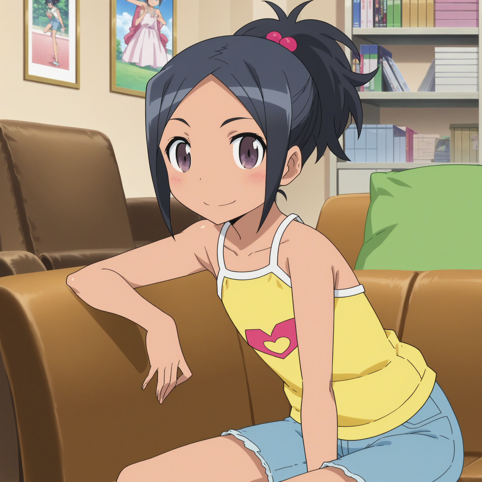 score_9, score_8_up, score_7_up, score_6_up, score_5_up, score_4_up , anime coloring ,BREAK source_anime, anime,screencap,
1girl, solo, riah, hair bobbles, camisole, denim shorts, <lora:PonyXL Ria Hagry V1:1>
indoors, living room, sitting on couch, detailed background, 
looking at viewer, smile,