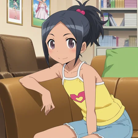 score_9, score_8_up, score_7_up, score_6_up, score_5_up, score_4_up , anime coloring ,BREAK source_anime, anime,screencap,
1girl, solo, riah, hair bobbles, camisole, denim shorts, <lora:PonyXL Ria Hagry V1:1>
indoors, living room, sitting on couch, detailed background,
looking at viewer, smile,