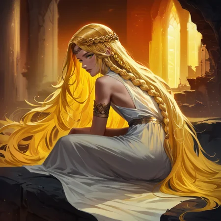 score_9, score_8_up, score_7_up, (1boy), miquella, blonde hair, crown braid, multiple braids, yellow eyes, white robe, gold armlet, circlet, sitting, atop of a mountain, abandoned castle far in the distance, eldenscene, sunset lighting, from behind, (absurd detail), (high quality), (4k), solo, (masterpiece), (best quality), (ultra-detailed), very aesthetic, illustration, perfect composition, intricate details, (concept art, digital art, realistic)