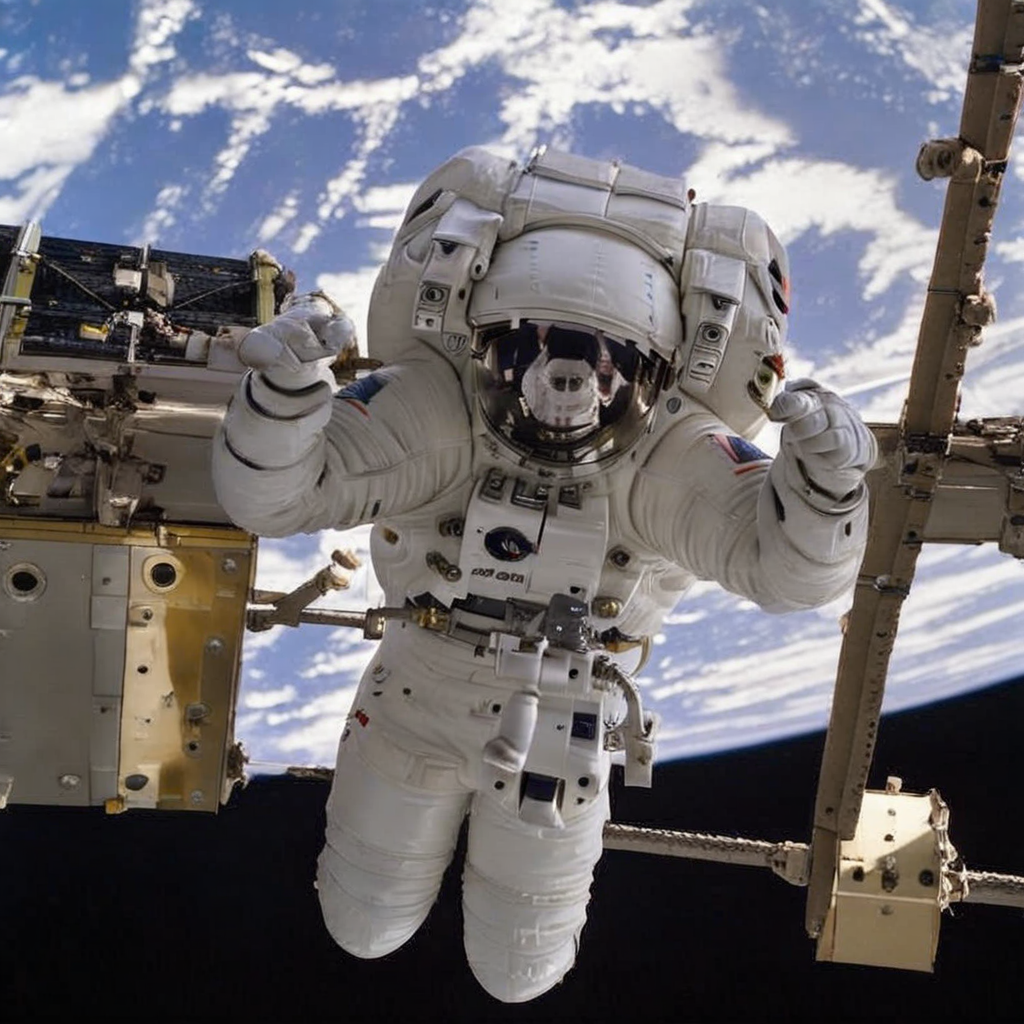 spacesuit, space, spacecraft, planet, space helmet, simple background, realistic, black background, no humans, solo <lora:space:1>