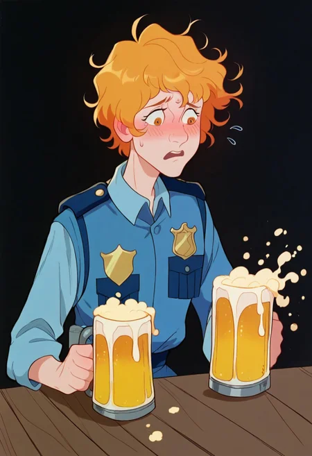 score_9, score_8_up, score_7_up, tlu, femboy, embarrassed, beer, short hair, police uniform, black background