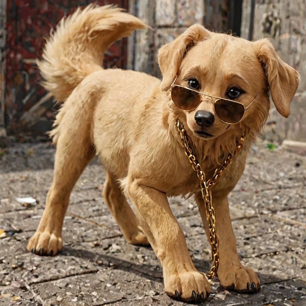 A golden retriever with gold chains and aviator sunglasses, rubbing his paws