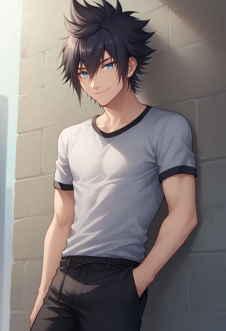 score_9, score_8_up, source_anime, highly detailed, 1boy, solo, male_focus,
noctis, 1boy, male focus, solo, blue eyes, shirt, black hair, spiked hair,
hair between eyes, pants, short sleeves, black pants, smile,
outdoor,
