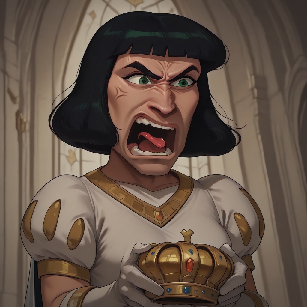 masterpiece, best quality, newest, absurdres, highres, anime, anime style, Lord-Farquad-IL-wedding outfit, short hair, white gloves, cape, gloves, green eyes, white outfit, black hair, crown, holding crown, REEEEEEEEEEEEE-V1.1, angry, scream, tongue, tongue out, open mouth, anger vein,