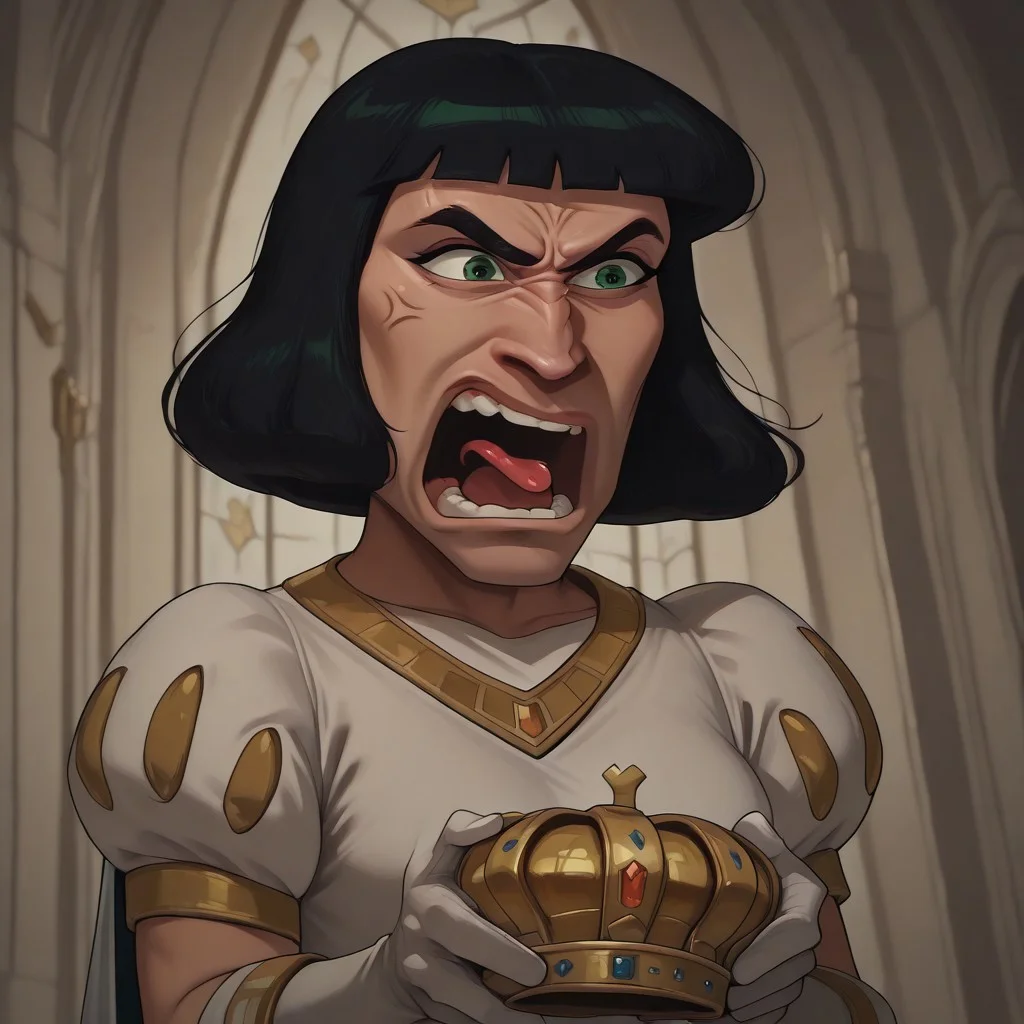 masterpiece, best quality, newest, absurdres, highres, anime, anime style, Lord-Farquad-IL-wedding outfit, short hair, white gloves, cape, gloves, green eyes, white outfit, black hair, crown, holding crown, REEEEEEEEEEEEE-V1.1, angry, scream, tongue, tongue out, open mouth, anger vein,