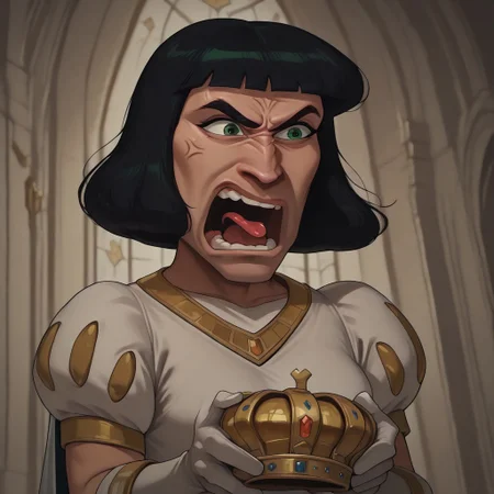 masterpiece, best quality, newest, absurdres, highres, anime, anime style, Lord-Farquad-IL-wedding outfit, short hair, white gloves, cape, gloves, green eyes, white outfit, black hair, crown, holding crown, REEEEEEEEEEEEE-V1.1, angry, scream, tongue, tongue out, open mouth, anger vein,