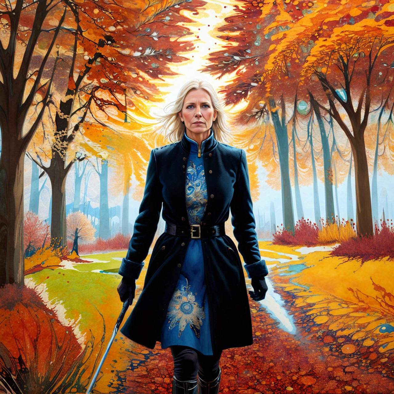 award-winning xlomrblng painting of a mature Swedish valkyrie walking in a autumn park, glowing plasma daisies, intricate, crisp lines <lora:xlomrblng:1>