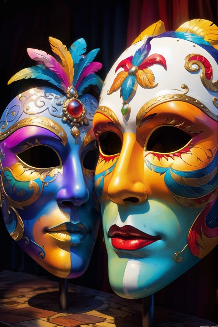 Colorful theatrical masks, cultural festival, vibrant colors, detailed patterns, surreal, fantasy, high resolution, best quality, photorealistic, whimsical, artistic, dynamic composition, lively atmosphere, rich textures, cultural heritage, storytelling, intricate designs, festival lights.
<lora:add-detail-xl:1.0>,
<lora:EnvyBetterHiresFixXL01:1.0>,
<lora:extremely_detailed:1.0>, extremely detailed, 
<lora:EldritchMixIllustration_1.1:0.75>,