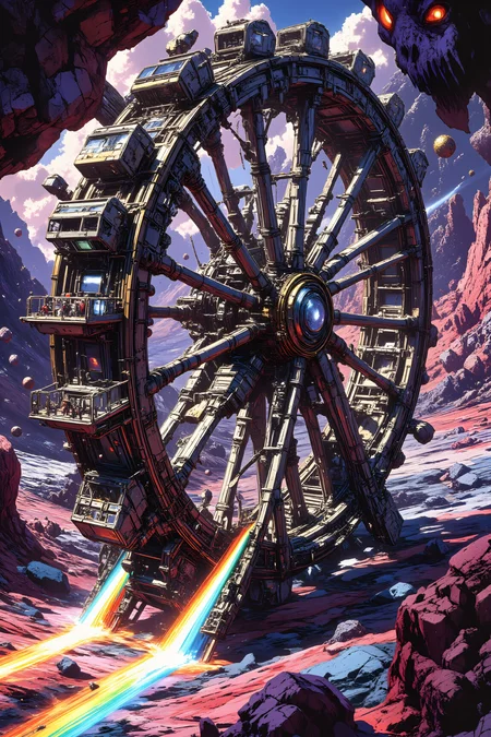 A massive wheel-shaped vessel rolls across plains of magnetic crystals, collecting specimens that float upward. The wheel's spokes are made of transparent metal showing complex machinery within, while its rim is studded with observation pods made of brass and glass. Travelers inside walk on floors that constantly reorient to stay level. The magnetic crystals below pulse with colored light where the wheel passes, creating rainbow paths across the plain. , detailed background Fantastic lighting. Detailed shadows.intricate details, vivid colors, hyper-detailed, ultra-sharp, <lora:RetroAnimeFluxV1:0.65><lora:flux.1_lora_flyway_ink-dynamic:0.6><lora:New_Fantasy_CoreV4_FLUX:0.8>