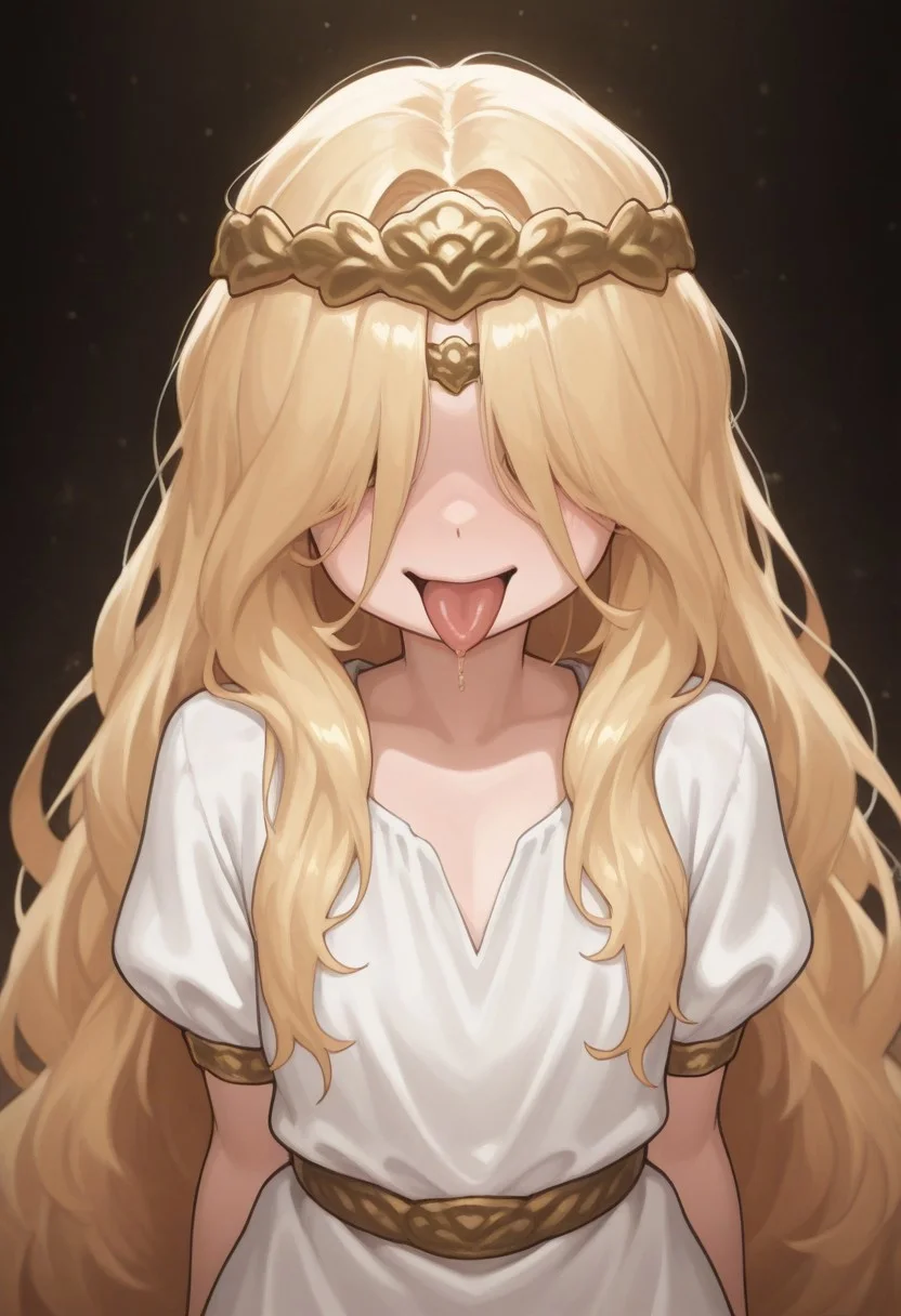 masterpiece, best quality, amazing quality, very aesthetic, absurdres,(miquella),solo,blonde hair,gold diadem,white robe,gold armlet,gold,belt,puffy short sleeves, long hair, hair over eyes, flat chest,front view,smile,mouth open,tongue out,