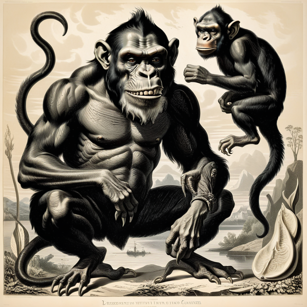 a demonic beast with the body of a fish the head of a chimpanzee,monochrome,art by llbreton,  <lora:LLBretonXL-000005:1>