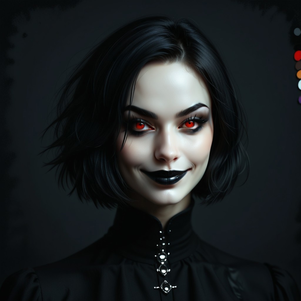 portrait of girl, purple and black hair, bob haircut, black background, black lipstick, vampire girl, dark makeup, long eyelashes, high contrast, vibrant color palette, red eyes, black clothes, detailed face, sharp details, realistic digital painting, evil grin