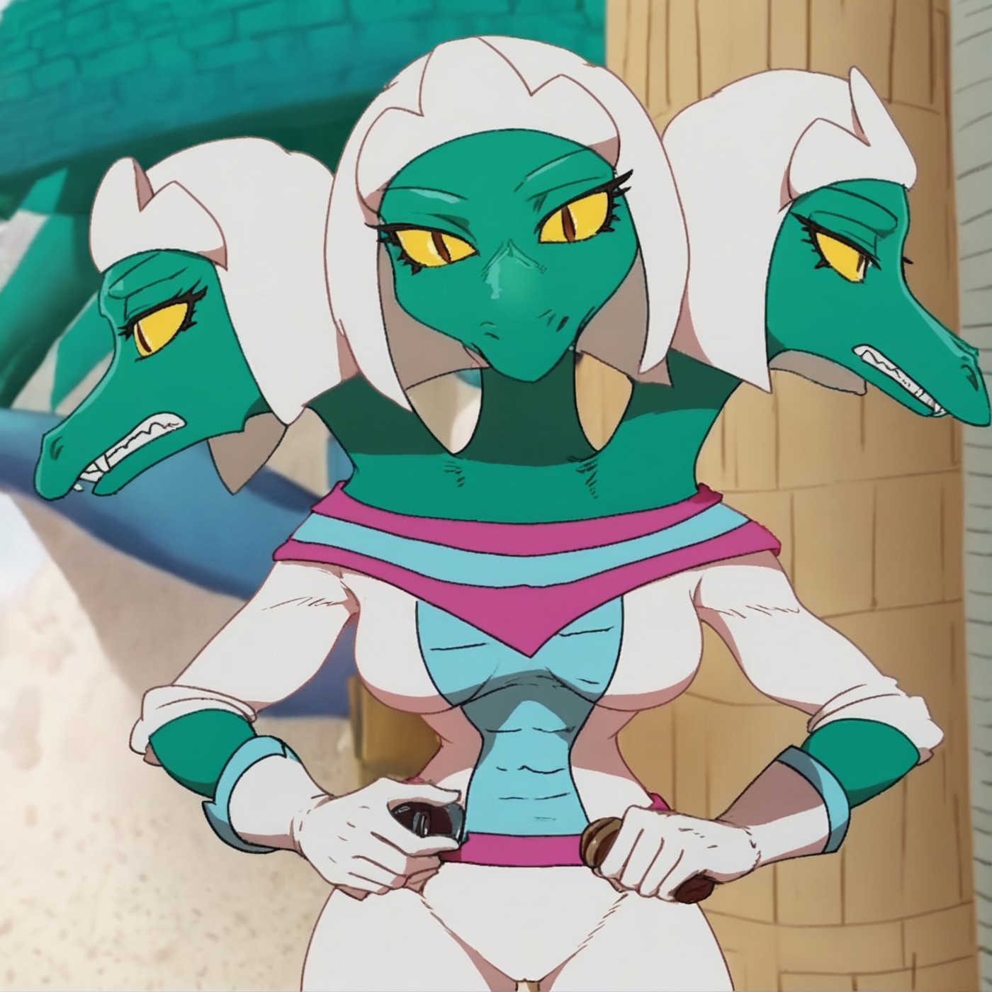 score_9,score_8,score_7,source_furry,
<solo:1.5>,
<1girl:2.5>,
alien girl, three heads, 3 heads, multi heads,multiple heads,
( art by sumiyao (amam) ) ,,
trinoga, hydra, hydra girl, alien, alien girl, trinoga_muttabar, official art, official style, 1girl, yellow eyes, yellow sclera, colored sclera, holding, gloves, parody,
<lora:Trinoga_Hydra_Muttabar:1> trinoga