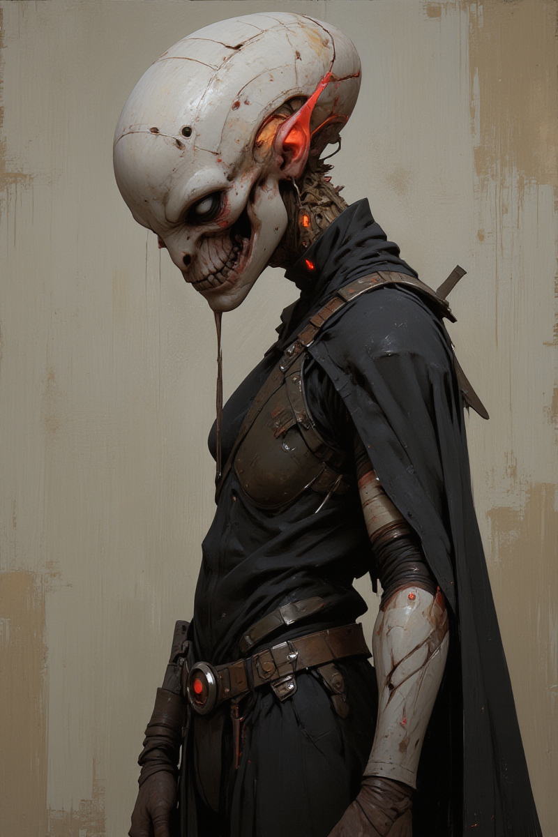 oil painting portrait of creature. They has a strange flat mask without face. from the waist up.