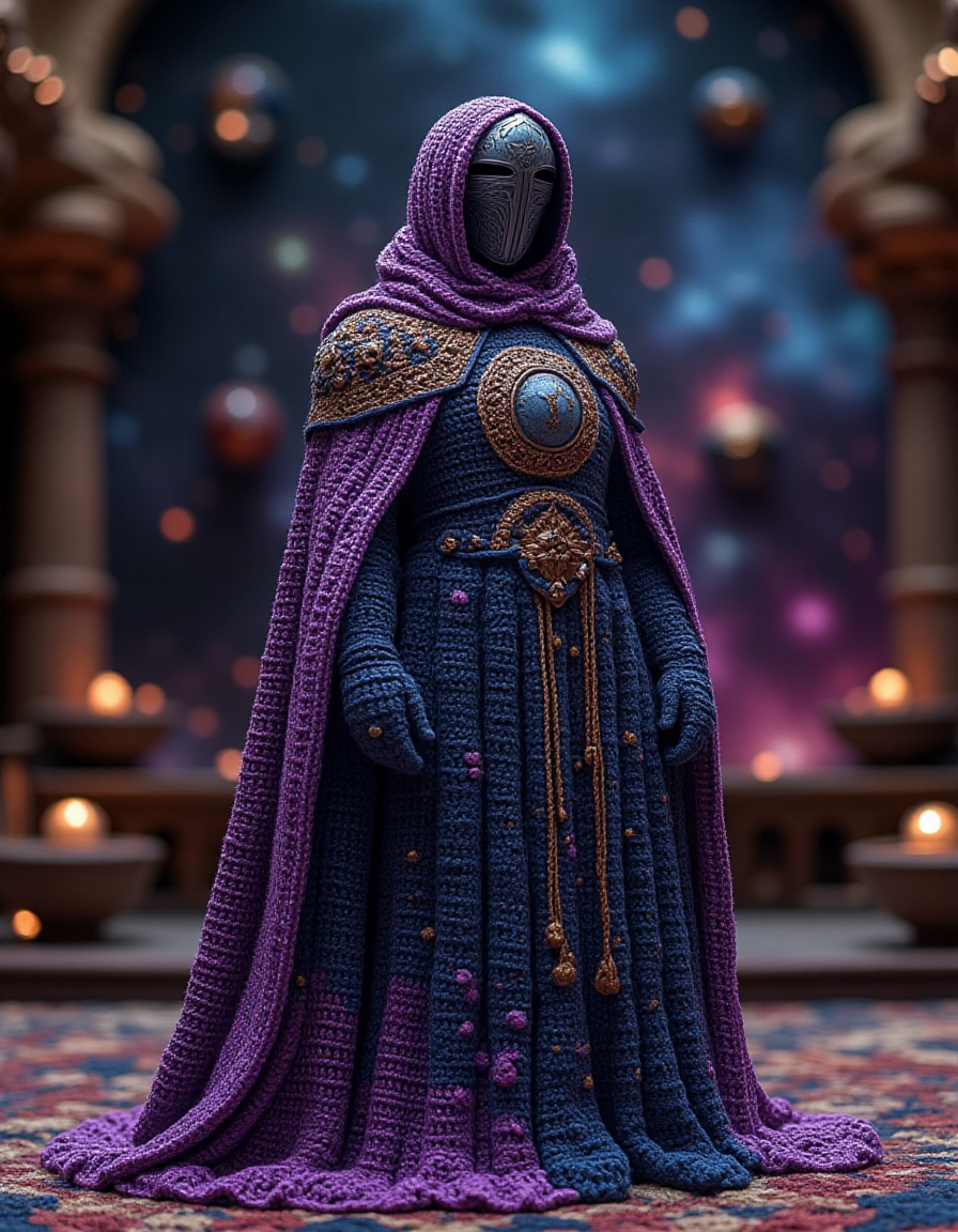A cosmic ambassador dressed in regal crocheted attire in the ral-kntarmr style, featuring starry, celestial patterns and swirling galactic designs. Their robes shimmer in gradients of violet, midnight blue, and gold, with crocheted constellations forming along the hems. They stand in a cosmic council chamber, surrounded by glowing crocheted orbs that display miniature galaxies floating in the air
<lora:ral-kntarmr-flux-000007:1>