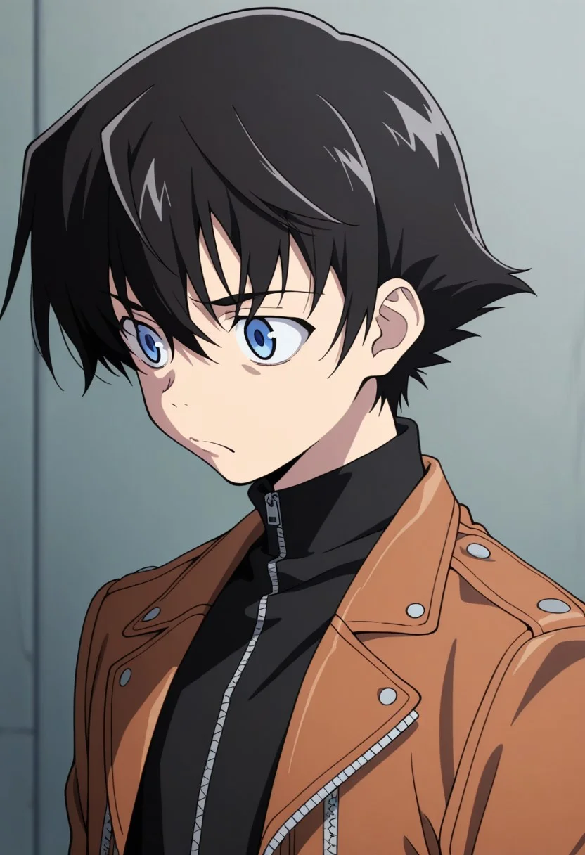 masterpiece,best quality,amazing quality, source_anime,
YukiteruAmano, 1boy, male focus, solo, blue eyes, black hair, black shirt, turtleneck, zipper, jacket, brown jacket, open jacket, frown, portrait,