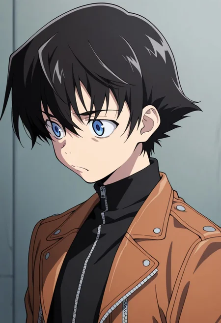 masterpiece,best quality,amazing quality, source_anime,
YukiteruAmano, 1boy, male focus, solo, blue eyes, black hair, black shirt, turtleneck, zipper, jacket, brown jacket, open jacket, frown, portrait,