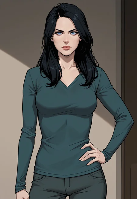 masterpiece, best quality, detailed, realistic, cowboy shot, serious, 1girl, solo, invbeckd, black hair, long hair, lips, blue eyes, shirt, long sleeves, pants, hand on hip,