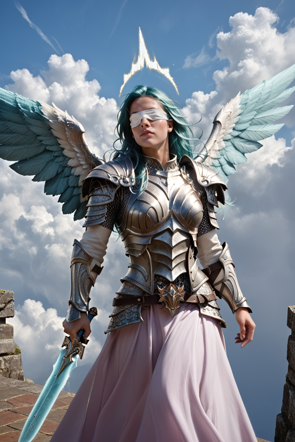 score_9, score_8_up, score_7_up, masterpiece, high quality, BREAK
 <lora:zarielAngelPonyLoRA:1>zargel, zargel, halo, 1girl, long hair, white blindfold, feathered wings, pauldrons, breastplate, vambraces, faulds, large wings, armored dress, belt buckle, fighting pose, swinging sword, huge weapon, holding sword, holding weapon, sword, sky, clouds, floating, portrait