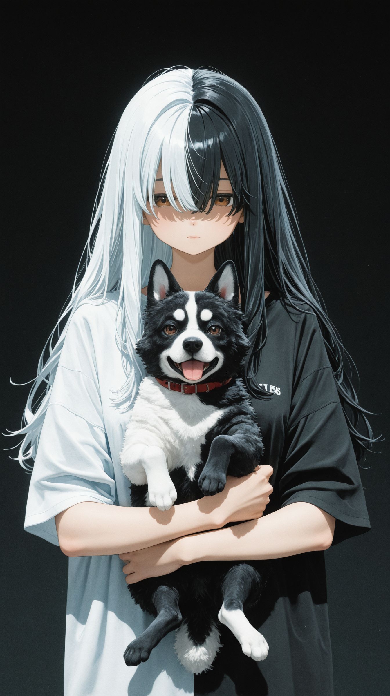 masterpiece,best quality, (blender \(medium\):1.3), blending,
1girl, solo, symmetry, symmetrical composition, hair over eyes, long hair,split-color hair, white hair, black hair, split-color clothes, white t-shirt, black t-shirt, split-color dog, black fur, white fur, holding dog, brown eyes, black background, gradient background