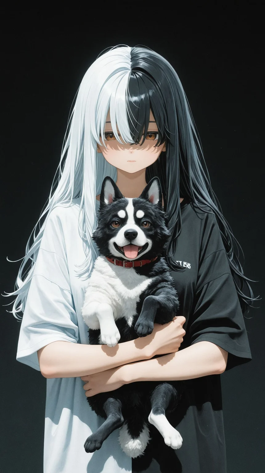 masterpiece,best quality, (blender \(medium\):1.3), blending,
1girl, solo, symmetry, symmetrical composition, hair over eyes, long hair,split-color hair, white hair, black hair, split-color clothes, white t-shirt, black t-shirt, split-color dog, black fur, white fur, holding dog, brown eyes, black background, gradient background