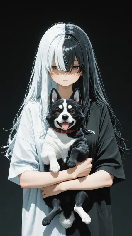 masterpiece,best quality, (blender \(medium\):1.3), blending,
1girl, solo, symmetry, symmetrical composition, hair over eyes, long hair,split-color hair, white hair, black hair, split-color clothes, white t-shirt, black t-shirt, split-color dog, black fur, white fur, holding dog, brown eyes, black background, gradient background