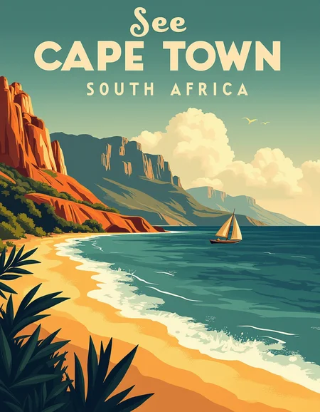<lora:Travel posters:1> Travel illustration
1920 travel poster promoting travels to Cape Town South Africa, coastal, beach, in white font above says:  See Cape Town