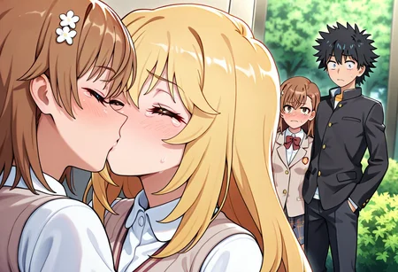 masterpiece,best quality,amazing quality,very aesthetic,absurdres,newest,huge filesize,
<lora:spo_sdxl_10ep_4k-data_lora_webui:0.5>,
<lora:add-detail-xl:1>  anime coloring,uncensored,
<lora:Forced_to_Watch_NTR:1>Forced_to_Watch_NTR,
only 3preson,
2girls,1 boy,hetero, 
kiss, looking at another, 
bush,
boy kiss girl ,
closed eyes,
forced to watch, 
(one girl  standing at background is looking at couple kissing, sad, tearing up), 
BREAK
toaru kagaku no railgun, official art, 
kamijou touma, school uniform, 
BREAK
misaka mikoto,  short hair, 
BREAK
shokuhou Misaki,