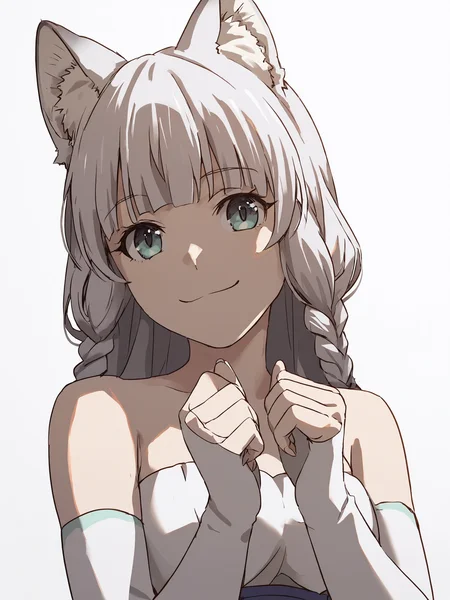 score_9, score_8_up, score_7_up, score_6_up, source_anime, masterpiece, best quality, BREAK, 1girl, white background:1.2, simple background, <lora:Shigure_PDXLv1:0.8> shigure \(kemono michi\), wolf girl, white thighhighs, white fingerless elbow gloves, bare shoulders, masterpiece, best quality, standing, upper body, looking at viewer, smile,