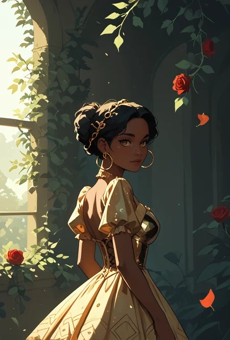 core_9, score_8_up, score_7_up,1woman,youngh, sub-saharan african, rose gold top knot hair, chestnut eyes, gothic frill dress, pervert face, dappled lighting, sunlight filtering through leaves, creating a romantic and whimsical atmosphere