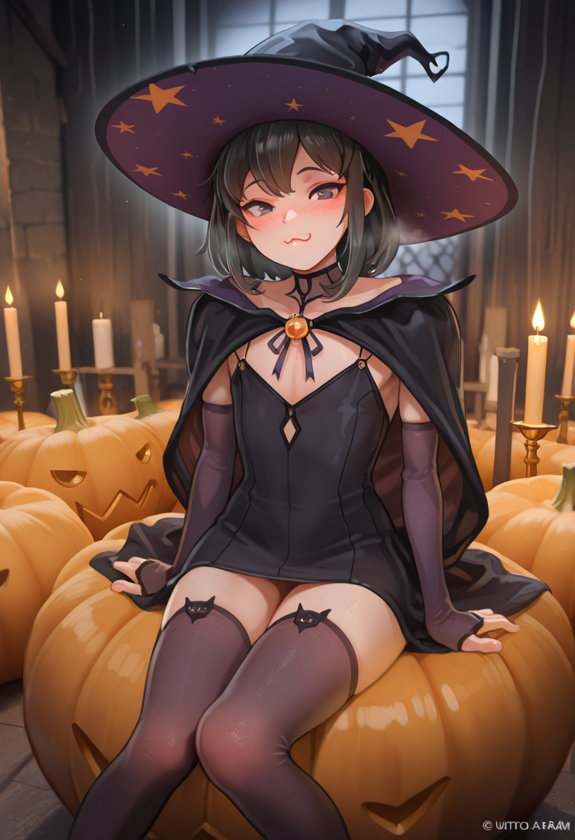 ultra detailed, masterpiece, best quality, solo, 1boy, adult, otoko no ko, blush, witch outfit, black hair, dark farm, pumpkins, candles, sitting, pose, :3, intricate detailed,  <lora:Steamed_Egg_Style_IL:1>