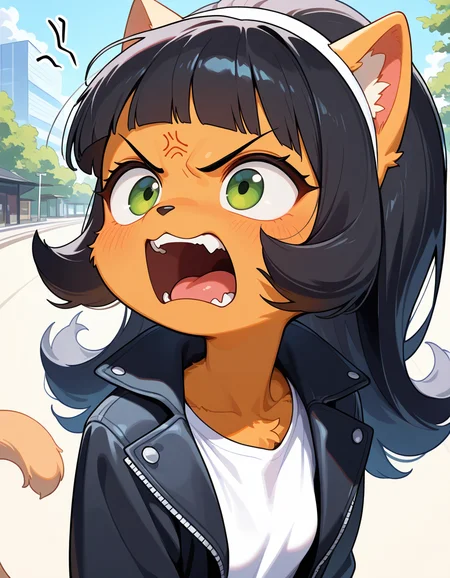 masterpiece, best quality, very aesthetic, absurdres,
outdoors,
headshot, face focus,
angry, open mouth, anger vein,
white t-shirt, black jacket,
<lora:Kitty_Katswell_v01_NAIXL:1>
K1tty_Kat6w3311, 1girl, solo, furry, furry female, animal ears, long hair, black hair, hairband, blunt bangs, flipped hair, green eyes, animal nose, body fur, orange fur, cat tail,