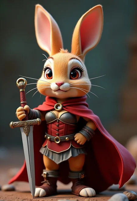 A 3D render of a heroic determined fearsome miniature female brown rabbit with a billowing red cape, holding an ornate silver sword, Warhammer background. Dynamic slashing pose. Cleavage with red leather bustier corset and plate mail skirt. Pixar style features.