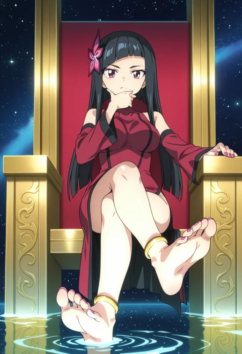 <lora:Xiaomei:1>, Xiaomei, 1girl, solo, long hair, black hair, blunt bangs, hair ornament, red eyes, medium breast, red dress, detached sleeves, side slit, single gold anklet, barefoot, pink toenail polish, sitting on throne, crossed legs, hand on chin, arm on throne, feet showing, soles, looking at viewer
BREAK
outside, water, space, stars, foot focus, close-up shot
BREAK
anime screencap, anime coloring, anime colored background, detailed background, detailed face, shiny skin, shiny hair, absurdes, highres, dynamic pose, masterpiece, best quality, official art, cel shaded, graphic illustration, digital painting, CGI, very detailed, amazing quality, intricate details, dynamic pose, HDR, UHD, 8K, Fineline illustration, Highly detailed, ultra-fine painting, sharp focus, Professional, Vivid Colors <lora:add-detail-xl:1> <lora:DetailedEyes_V3:1> <lora:hand 5.5:1>