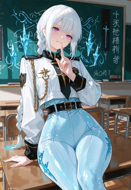 score_9, score_8_up, score_7_up,shiny skin,elegant woman,1girl, alone,long braided hairstyle, , athletic body,uniform costume, wide hips,sitting in a school classroom before black board, sitting cross legged on table, looking at you, sshh finger in lip , shushing you, smiling , looking at viewer,blue ice crystal magic spell casting with her one hand