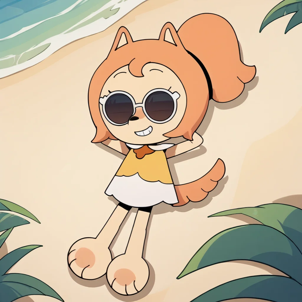 <lora:lala_kunshikter:1.3> score_9, score_8_up, score_7_up, BREAK, lala_kunshikter, dog girl, 1girl, furry female, animal ears, dog tail, barefoot, ponytail, lying, full body, glasses, outdoors, wearing sunglasses, smile, teeth, beach, (hands behind head), collared dress