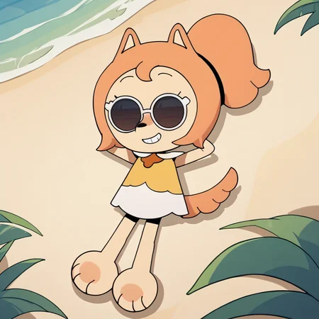 <lora:lala_kunshikter:1.3> score_9, score_8_up, score_7_up, BREAK, lala_kunshikter, dog girl, 1girl, furry female, animal ears, dog tail, barefoot, ponytail, lying, full body, glasses, outdoors, wearing sunglasses, smile, teeth, beach, (hands behind head), collared dress