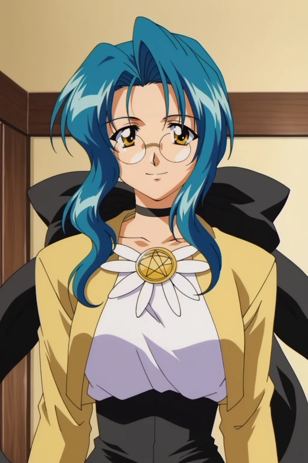 score_9, best, masterpiece,
indoors,
1girl, solo, retro artstyle, 1990s (style), smile,
HumanFormTsuyuha, round rimless eyewear, yellow open jacket with long sleeves with white cuffs over white shirt, simple black choker, black ribbon, hair ribbon, black high-waist skirt,  gold round brooch with white feathers and hexagram ,
<lora:MagicalKananQueenTsuhuya_V6:0.8>​​​