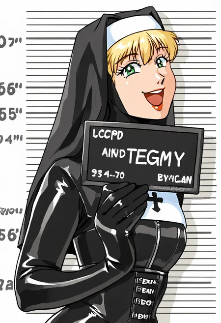 RetroPC98Style, retro artstyle, aliasing, dithering, pc-98 (style),game cg ,pixel art, acute woman, A Latex nun, corset, rubber suit, tight corset, long latex golves, latex leggings, ken mugshot, holding, nameplate, holding sign, letterboxed, looking at viewer, open mouth, smile, upper body, mugshot, english text,