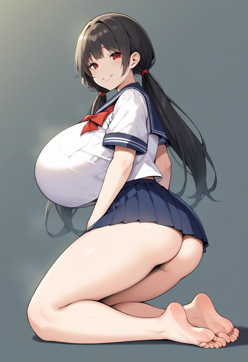 score_9, score_8_up, score_7_up, source_anime, 1girl,red eyes,smile, simple background, black hair, gigantic breasts, thick thighs, wide hips, school uniform, serafuku, smile, pleated skirt, kneeling, from behind, long hair, twintails, black ribbon. bubble butt, tight skirt, bare feet   <lora:Sky-Freedom-Style-PonyXL-Dora-000012:1>