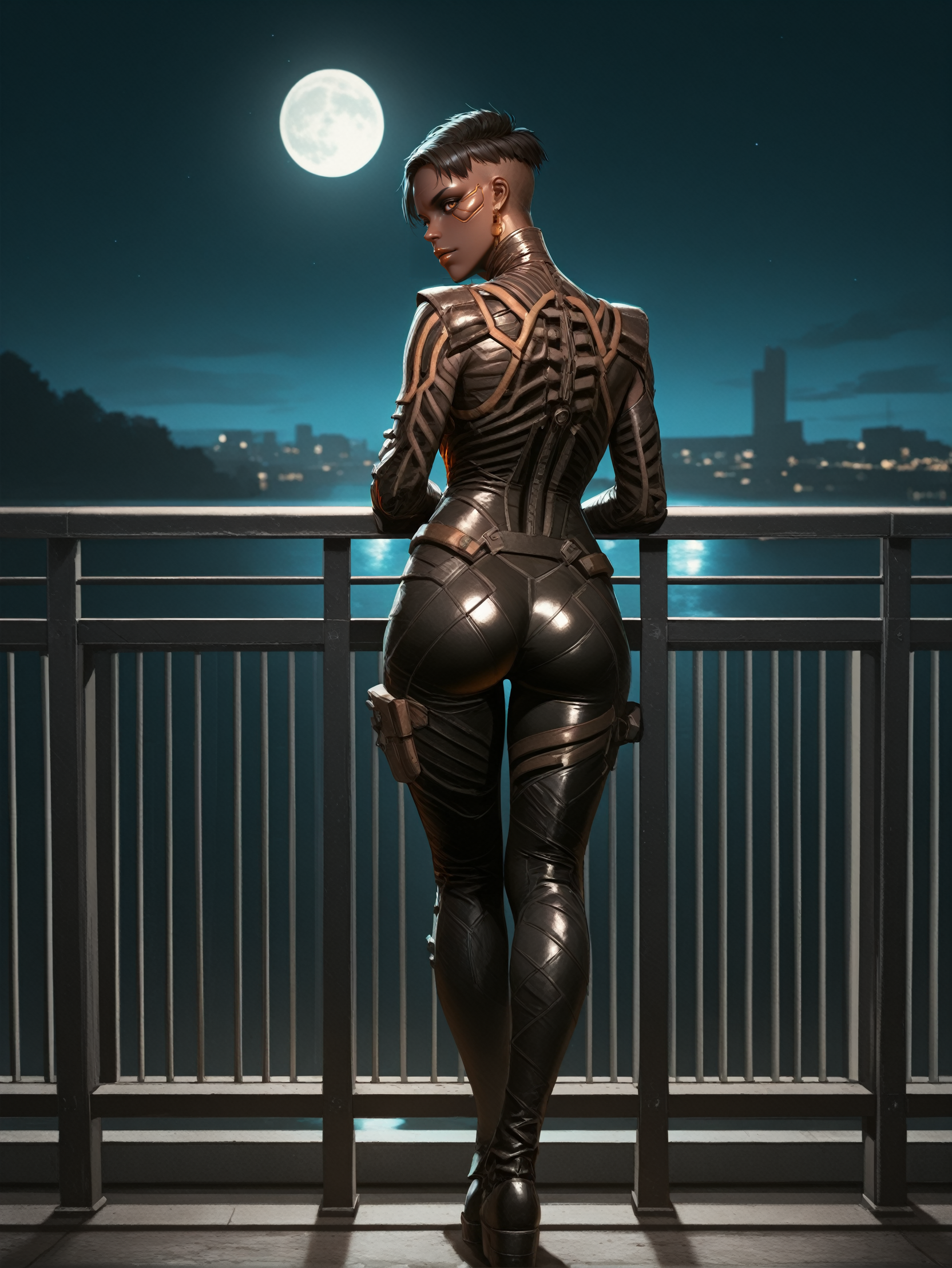 masterpiece, best quality, absurdres,
<lora:ILCyberMamanBrigitte:1.0>
CyberMamanBrigitte, 1girl, dark skin, short hair, black hair, brown eyes, looking at viewer, from behind, night sky, railing, full body, looking back, moon
