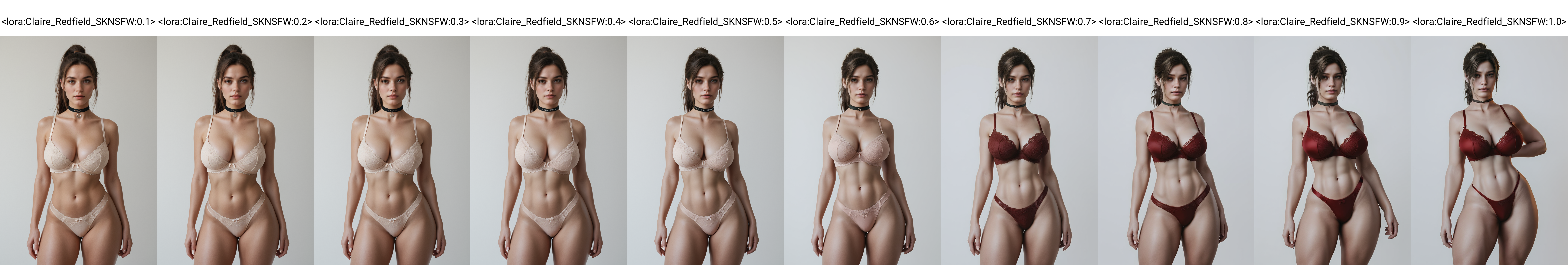score_9, score_8_up, score_7_up, realistic,
1girl, solo,
standing,
looking at viewer, 
Cl41r3_R3df13ld_SKNSFW, brown hair, ponytail, large breasts, thick thighs, curvy, 
bra, panties, 
choker, 
white background, simple background,
 <lora:Claire_Redfield_SKNSFW:0.1>