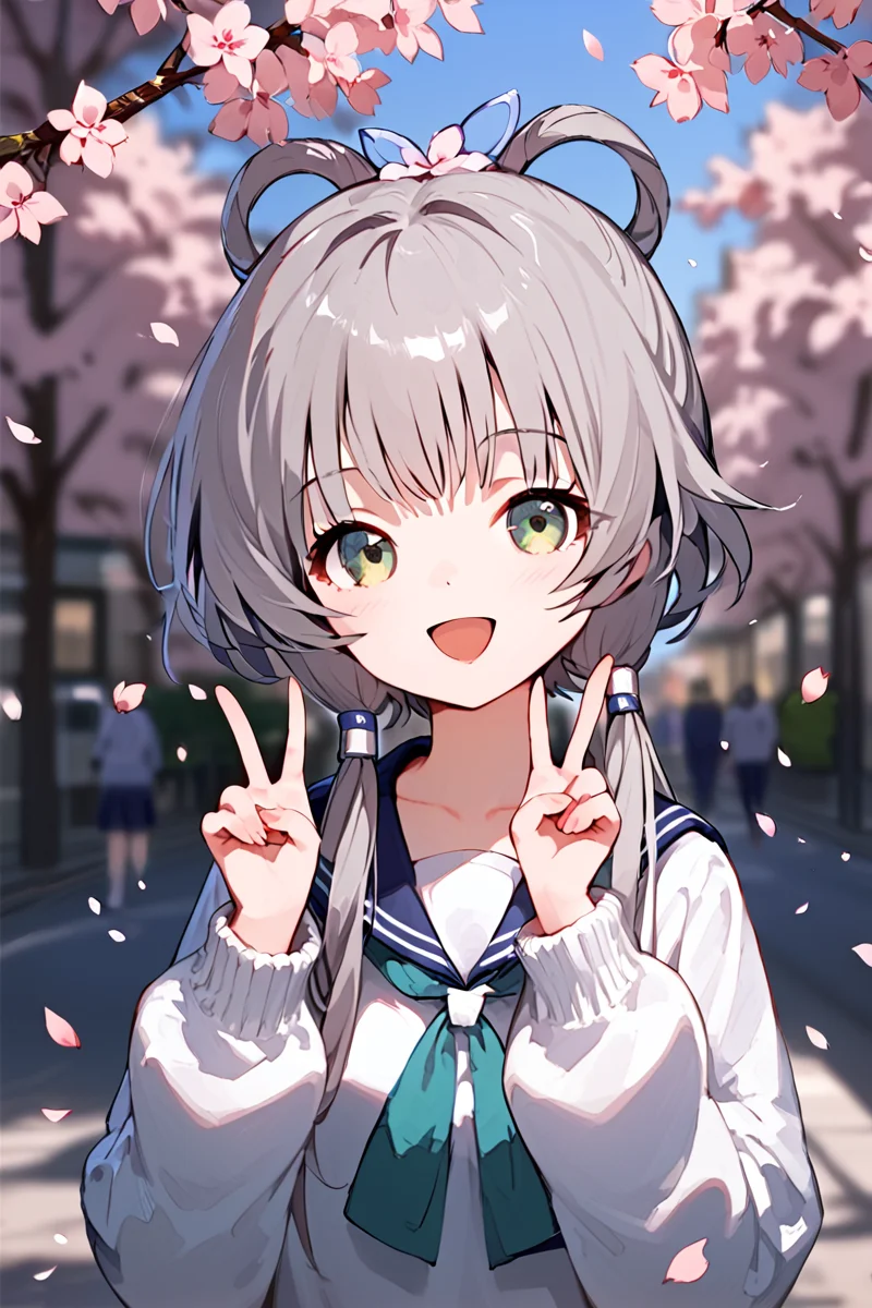 score_9, score_8_up, score_7_up, source_anime,1girl, solo, school uniform, sweater, light smile, double v, looking at viewer, smile, open mouth, outdoors, street, cherry blossoms, petals, depth of field, green eyes, grey hair, ornament, flower, hair rings,
<lora:luotianyi_pony:1>